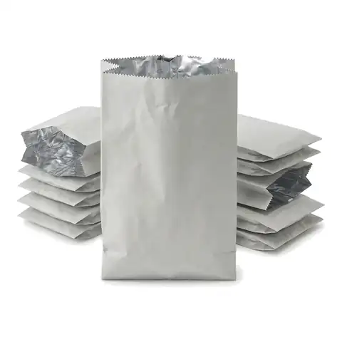 12" Foil Bags, a pack in front with more packs stacked behind, chicken bag, hot food bag