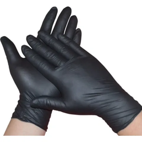 Pair of hands wearing black nitrile gloves, one hand resting over the other, disposable gloves, black gloves
