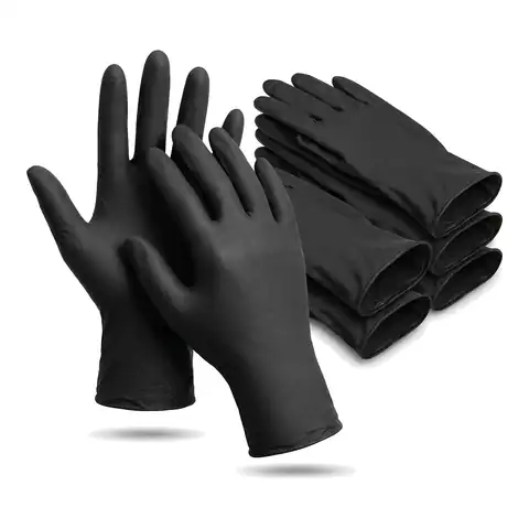 Black Nitrile Powder Free Large Gloves, a pack in front with more packs stacked behind, nitrile gloves, disposable gloves