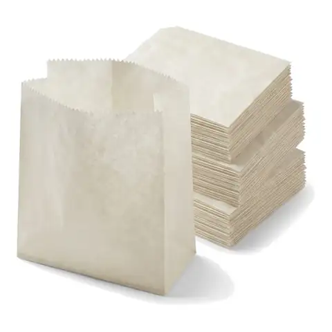 6x6 White Grease Proof Bag, a pack in front with more packs stacked behind, paper bag, greaseproof bag