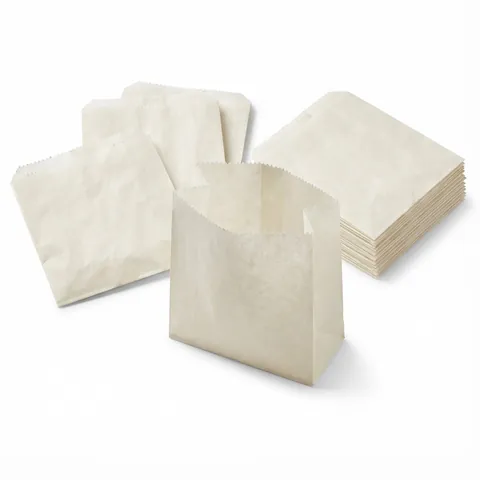 Plain white greaseproof paper bags with serrated tops: one standing open, several lying loose and a flat stack, greaseproof bag, sandwich bag
