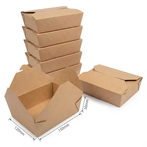Stack of brown kraft No5 food boxes with interlocking fold-over lids, one open, with size markings, brown box, burger box