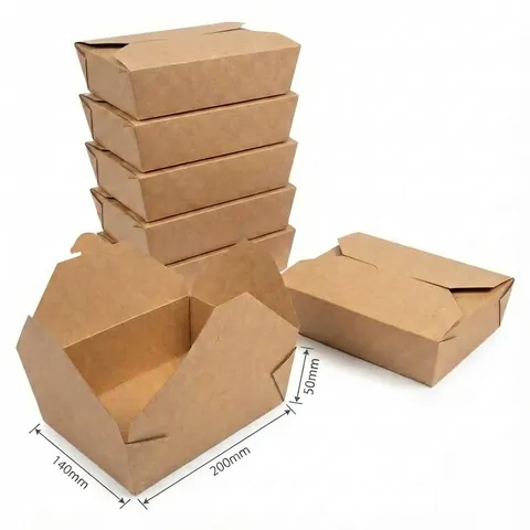 Stack of brown kraft No2 food boxes with interlocking fold-over lids, one open, with size markings, brown box, burger box