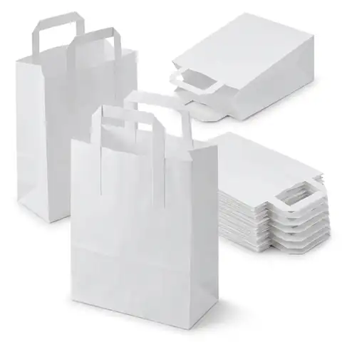 Small white paper bags with flat paper handles, two standing open, one on its side and a stack of flat bags