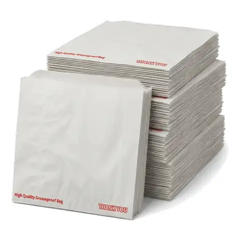 10x10 White Grease Proof Bag, a pack in front with more packs stacked behind, paper bag, greaseproof bag