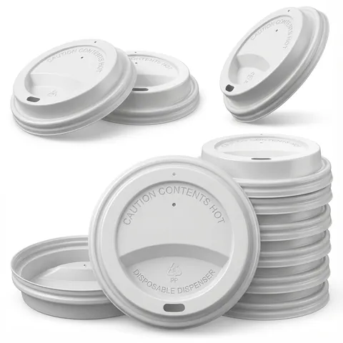 White plastic sip lids for 8oz coffee cups embossed 'Caution contents hot', loose and in a stack, paper cup, hot drink cup