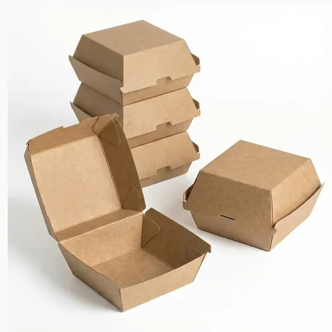 Brown kraft clamshell burger boxes, one open to show the hinged lid, others closed and stacked, kraft box, brown box
