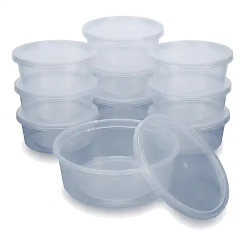 8oz Microwavable Container, a pack in front with more packs stacked behind, microwave container, plastic takeaway container