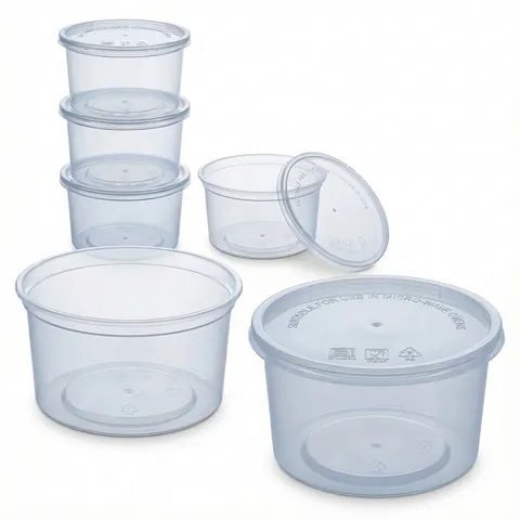 Clear round plastic containers with lids, stacked and open, the lid embossed 'suitable for use in micro-wave ovens' with a PP symbol, microwave container, plastic takeaway container