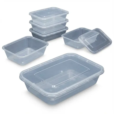 Clear rectangular plastic microwave containers with push-on lids, three stacked and one open with its lid lifted, plastic takeaway container, black base container
