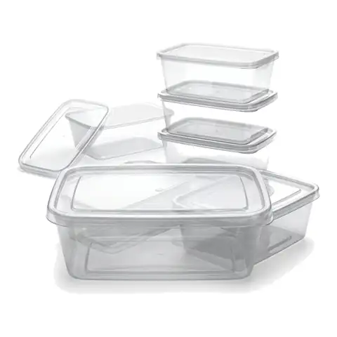 750ml Heavy Duty Microwavable Container, a pack in front with more packs stacked behind, microwave container, plastic takeaway container