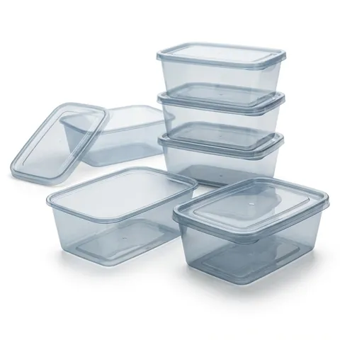 Clear rectangular plastic containers with push-on lids, three stacked, two closed in front and one with its lid lifted, microwave container, plastic takeaway container