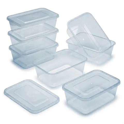 Clear rectangular 1 litre plastic containers with push-on lids, stacked and open on a white background, microwave container, plastic takeaway container