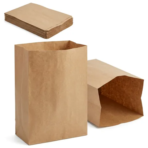 Tall brown kraft paper grab bags without handles, one standing open, one on its side and a stack of flat bags, paper bag, kraft bag