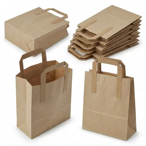 Small brown kraft paper bags with flat paper handles, two standing open, one on its side and a stack of flat bags, kraft bag, brown paper bag