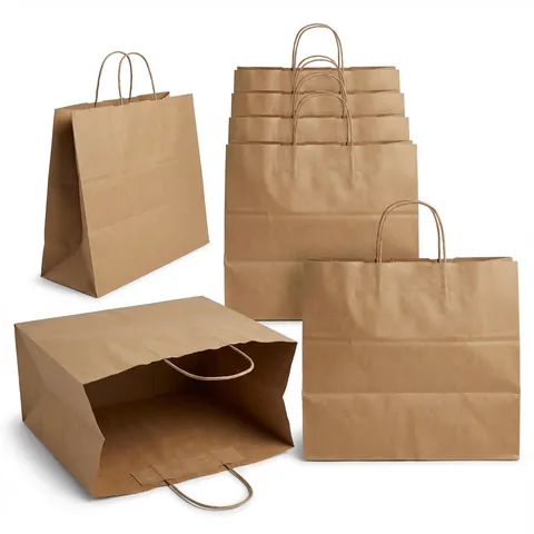 Extra large brown kraft paper bags with twisted paper handles, standing and lying open, with a stack of bags behind, kraft bag, brown paper bag