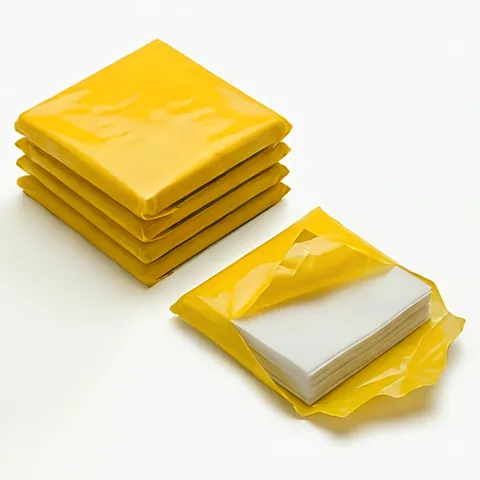 Yellow film-wrapped bundles of 9 inch pizza box liners, one bundle opened to show the square white greaseproof sheets