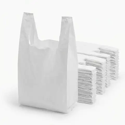 Medium White Plastic Carrier Bag 10x15x18", a pack in front with more packs stacked behind, plastic bag, vest carrier