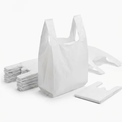 White plastic vest carrier bag standing open, with stacks of folded bags and a flat bag beside it, plastic bag, white carrier bag