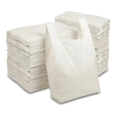 Large White Plastic Carrier Bag 11x17x21", a pack in front with more packs stacked behind, plastic bag, vest carrier