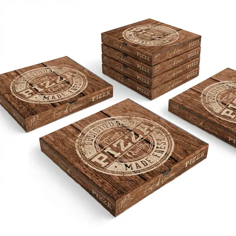 12 inch pizza boxes with a dark wood-effect print and a cream 'Delicious Pizza, Made Fresh' stamp logo, stacked and laid flat, pizza packaging, pizza delivery box