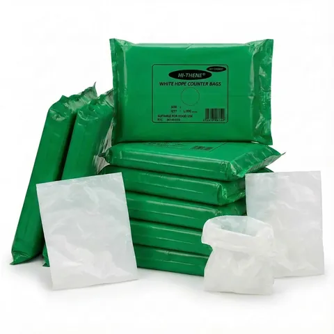 Green cases of 1,000 white HDPE counter bags labelled 'suitable for food use', with loose white flat bags in front, carrier bag, plastic bag