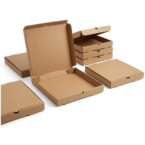 Plain brown kraft corrugated pizza boxes, one open to show the hinged lid and plain inside, others closed and stacked with a finger notch at the front, pizza packaging, pizza delivery box