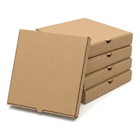 10" Plain Brown Pizza Box, a pack in front with more packs stacked behind, pizza packaging, pizza delivery box