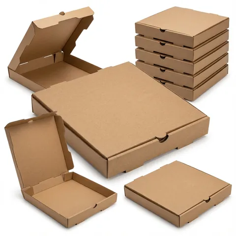 Plain brown kraft corrugated pizza boxes, two open to show the hinged lid and plain inside, others closed and stacked with a finger notch at the front, pizza packaging, pizza delivery box