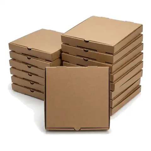 9" Plain Brown Pizza Box, a pack in front with more packs stacked behind, pizza packaging, pizza delivery box