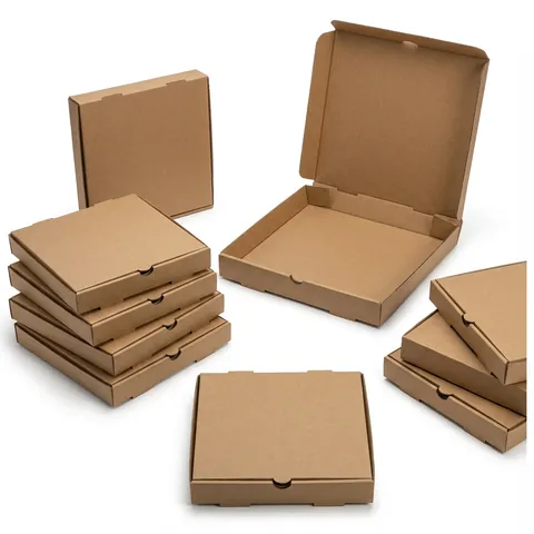 Plain brown kraft corrugated 9 inch pizza boxes, one open to show the hinged lid and plain inside, others closed and stacked with a finger notch at the front, pizza packaging, pizza delivery box