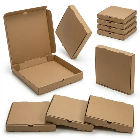 Plain brown kraft corrugated 7 inch pizza boxes, one open to show the hinged lid and plain inside, others closed, stacked and standing on edge, pizza packaging, pizza delivery box