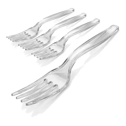Clear PP Plastic Reusable Heavy Duty Fork, a pack in front with more packs stacked behind, wooden cutlery, birchwood cutlery