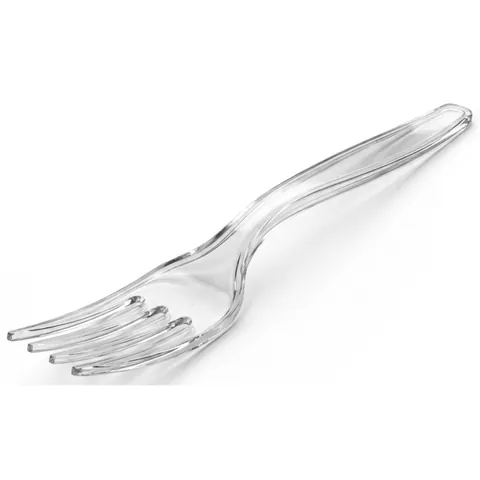 A clear heavy duty plastic fork with four tines and a long handle, on a white background, wooden cutlery, birchwood cutlery