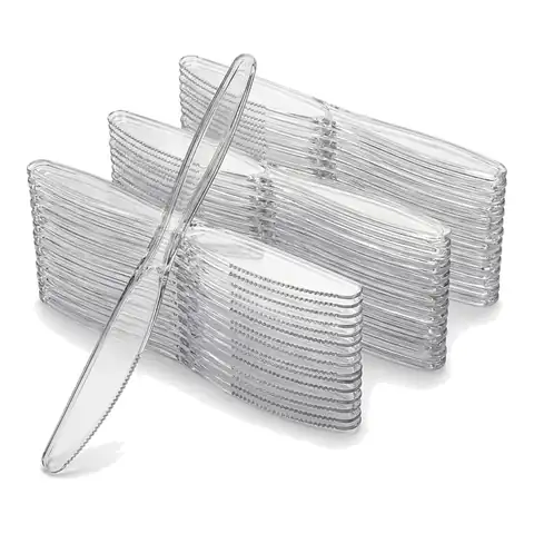 Clear PP Plastic Reusable Heavy Duty Knife, a pack in front with more packs stacked behind, wooden cutlery, birchwood cutlery