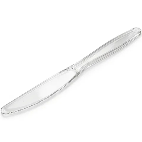 A clear heavy duty plastic knife with a serrated blade and a long handle, on a white background, wooden cutlery, birchwood cutlery