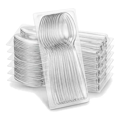 Clear PP Plastic Reusable Heavy Duty Spoon, a pack in front with more packs stacked behind, wooden cutlery, birchwood cutlery