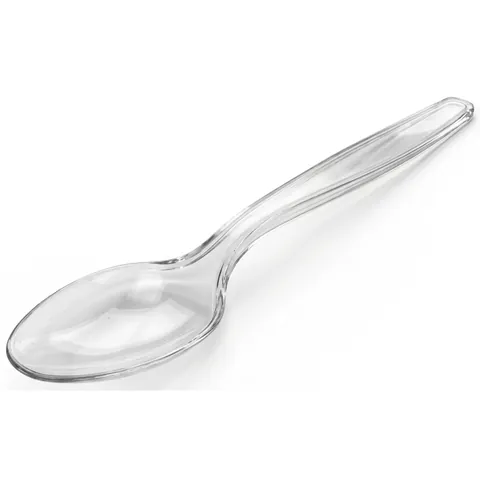 A clear heavy duty plastic spoon with an oval bowl and a long handle, on a white background, wooden cutlery, birchwood cutlery