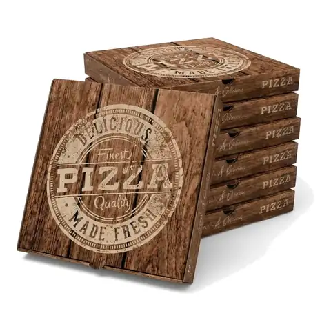 10" Printed Brown Pizza Box, a pack in front with more packs stacked behind, pizza packaging, pizza delivery box