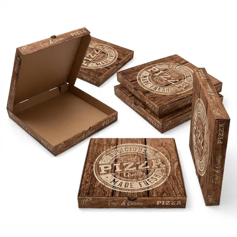 10 inch wood-effect printed pizza box open to show the plain brown inside, with closed boxes carrying a cream 'Pizza, Made Fresh' stamp logo, pizza packaging, pizza delivery box