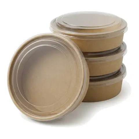750ml Round Kraft Deli Bowls, a pack in front with more packs stacked behind, salad bowl, soup bowl