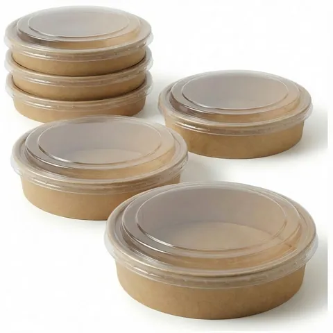 Stacked 750ml round kraft deli bowls shown with clear lids, salad bowl, soup bowl
