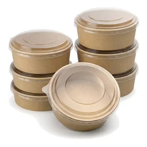 1000ml Round Kraft Deli Bowls, a pack in front with more packs stacked behind, salad bowl, soup bowl