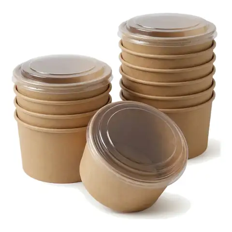 1300ml Round Kraft Deli Bowls, a pack in front with more packs stacked behind, salad bowl, soup bowl