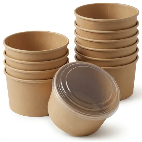 Stacks of 1300ml round kraft deli bowls, one shown with a clear lid, salad bowl, soup bowl