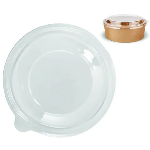 Clear domed round plastic lid with a side tab, and the same lid fitted on a kraft paper bowl, deli bowl, salad bowl