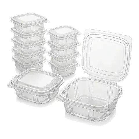 250cc Hinged Salad Container, a pack in front with more packs stacked behind, salad box, clear container