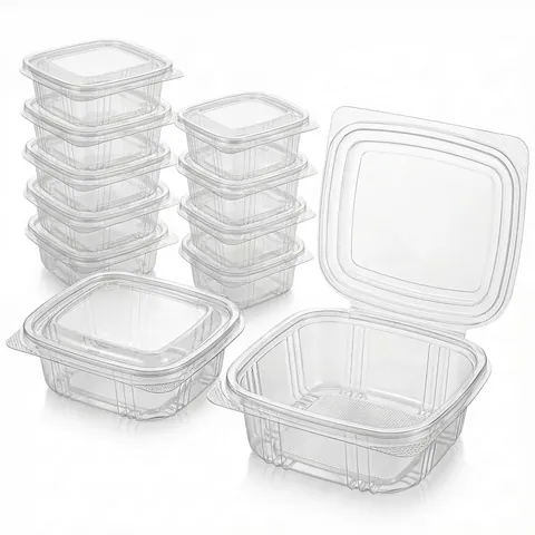Clear square hinged plastic salad containers, one open to show the attached lid, others stacked, salad box, clear container