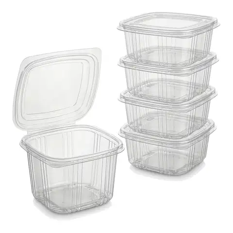 375cc Hinged Salad Container, a pack in front with more packs stacked behind, salad box, clear container