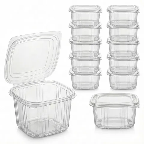 Clear deep square hinged plastic salad container with the lid open, beside two stacks of closed containers, salad box, clear container